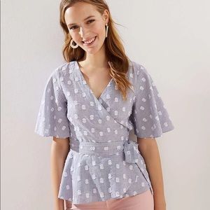 Loft Plus flutter sleeve wrap top- Blue stripes with Polkadots